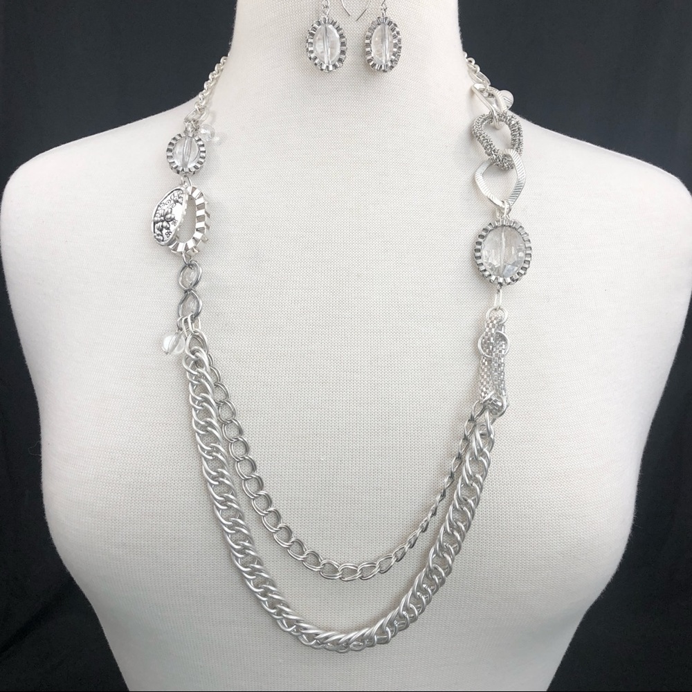 2 Row Abstract Silver Chain Long Necklace Set